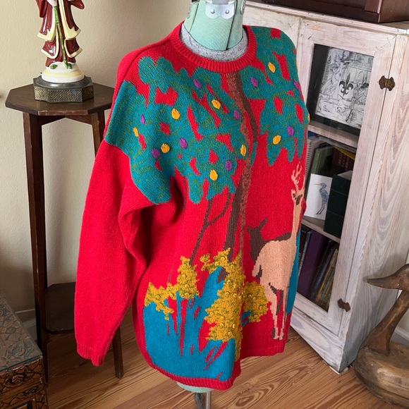 Vintage 90s Funky Nature Deer Colorful Textured Woodland Oversized Knit Sweater - Picture 4 of 10